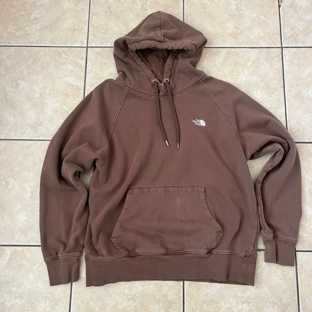 The North Face Mens Hooded Sweatshirt Medium Brown Kangaroo Pocket Logo Pullover